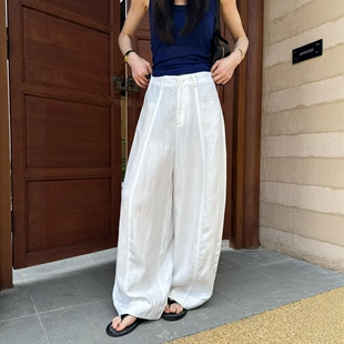 天丝麻料竖插袋阔腿裤女2026夏季新款欧货时尚舒适宽松弯刀休闲裤