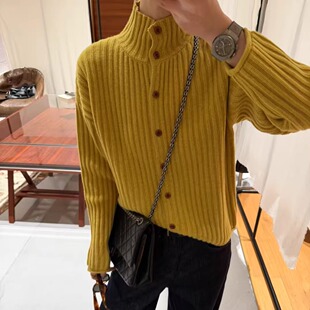 欧洲站2025冬装新款欧货休闲复古单排扣高领羊毛开衫女卷边毛衣