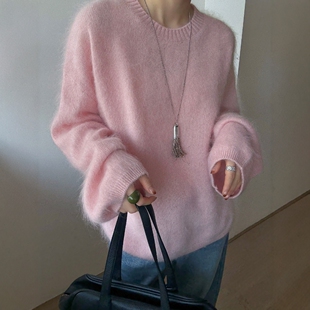 欧洲站2025冬季新款糯叽叽宽松圆领拉绒羊毛毛衣女亮色套头针织衫