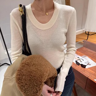 欧洲站2025秋冬新款欧货美丽诺细羊毛u领针织衫女长袖弹力打底衫