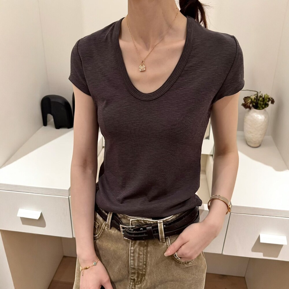 修身显瘦鹅蛋领短袖T恤女2026春夏新款基础百搭款纯色U领半袖上衣