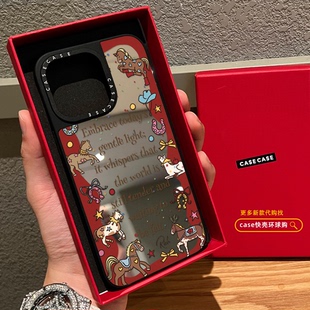 美式环绕英文骏马适用iphone17promax手机壳16pro苹果15磁吸MagSafe镜面14plus复古马年13艺术Air女12红色