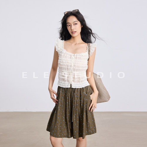 ELE甜椒 韩系温柔甜美风层层花边无袖背心小衫女夏季薄款衬衫上衣