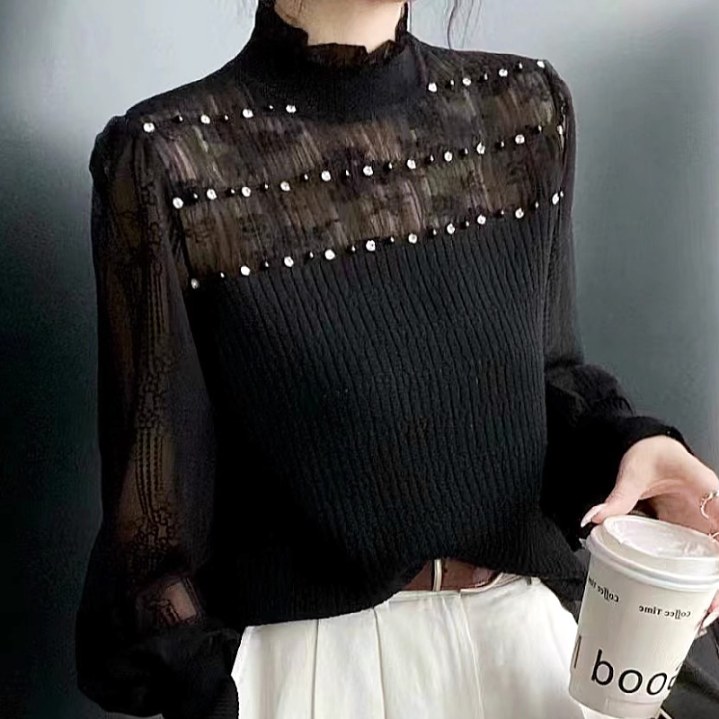 高级感钉珠蕾丝拼接针织上衣