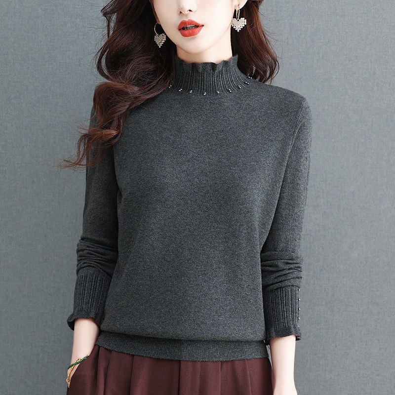 木耳边半高领加厚毛衣女秋冬时尚内搭宽松新款遮肚针织打底衫上衣