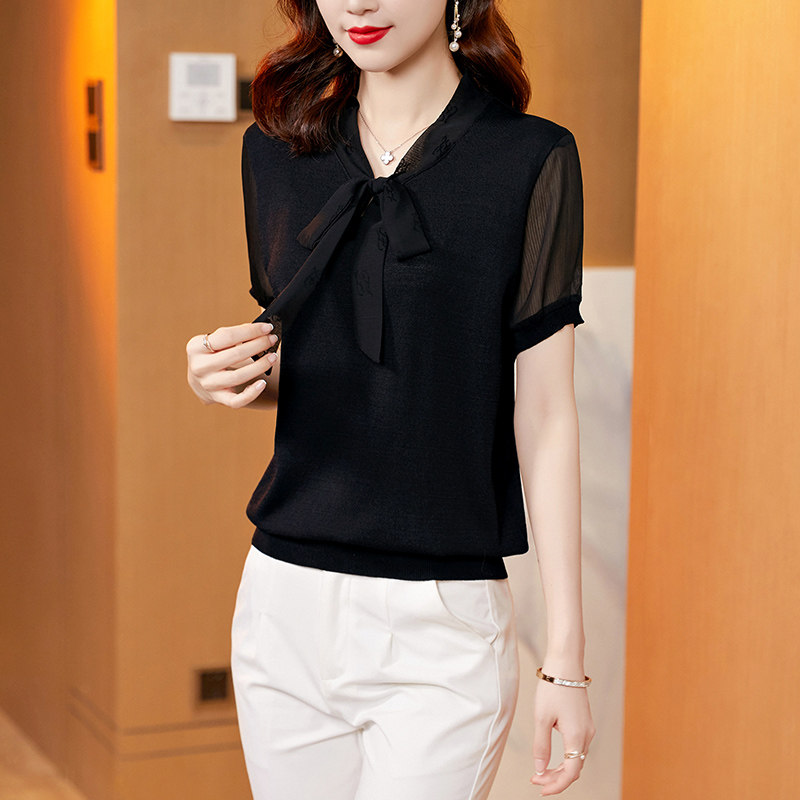 妈妈短袖T恤女2026夏新款蝴蝶结宽松拼接网纱袖大码休闲冰丝上衣