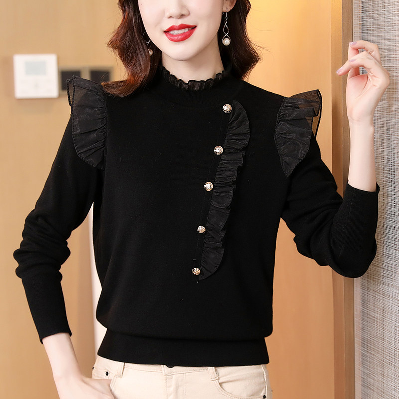 打底衫女2021秋冬新款高端蕾丝拼接针织上衣欧货高档时尚洋气小衫