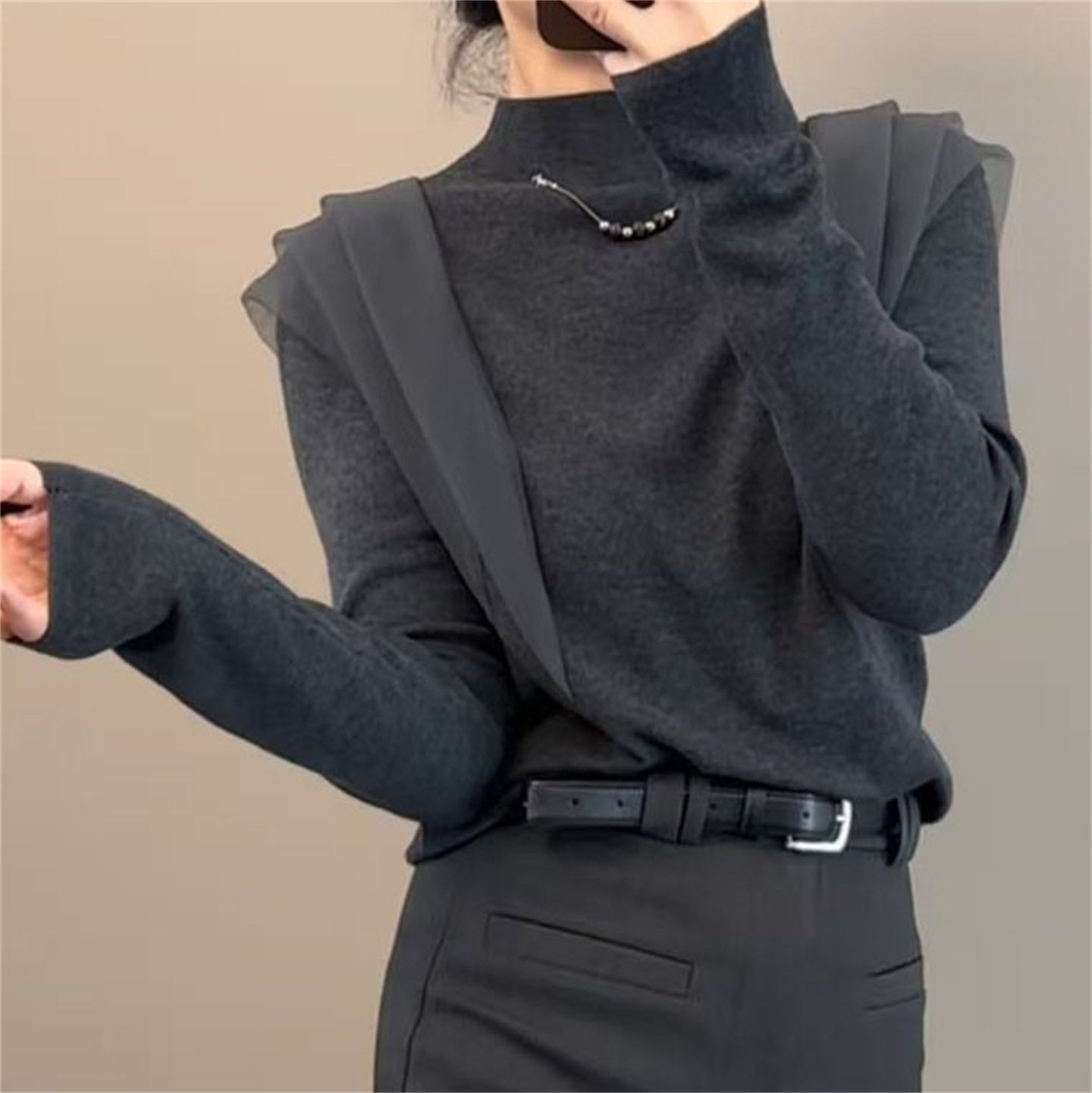 秋冬季时尚穿搭女2026新款温柔风网纱拼接修身显瘦百搭高领上衣潮,女装/女士精品,毛针织衫,淘宝优惠券,粉丝福利购,淘宝优惠卷