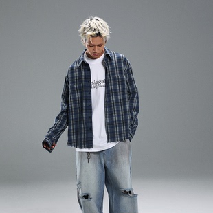 格子衬衫 复古长袖 宽松百搭美式 aphasiagallery破坏做旧衬衣男款