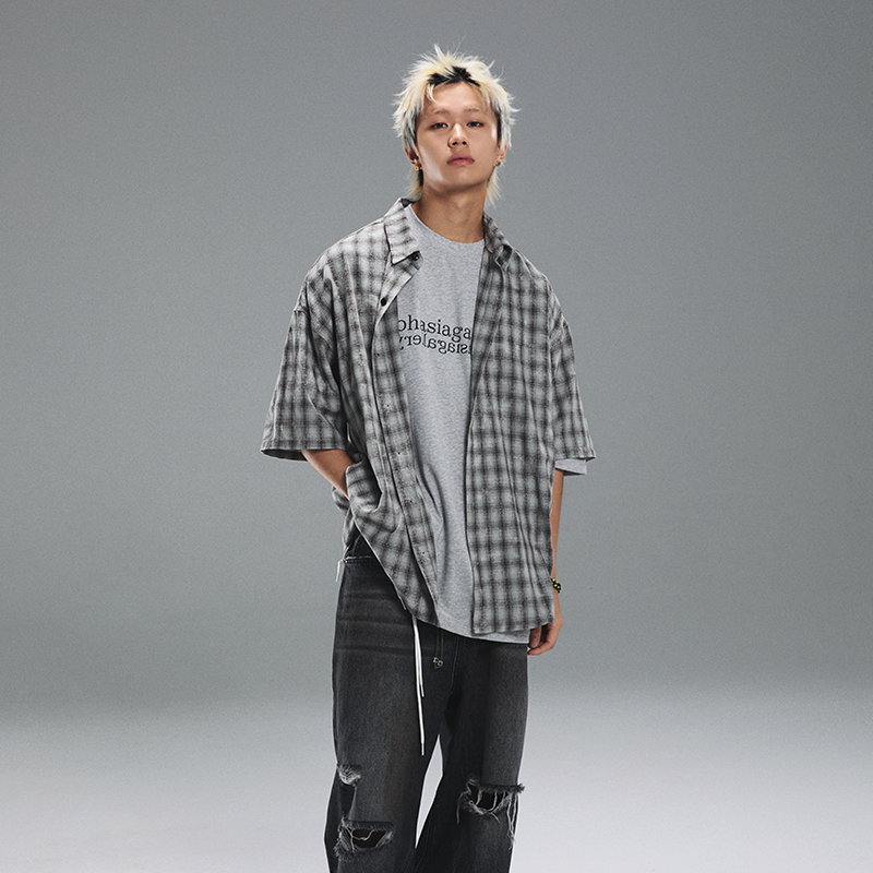 aphasiagallery短袖格子衬衫宽松休闲格纹男女款慵懒风情侣外套
