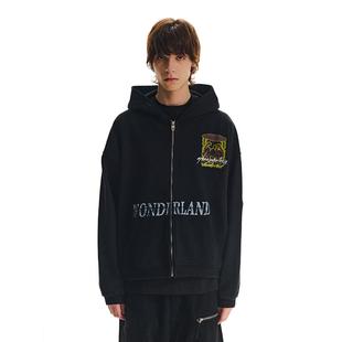 复古印花开衫 aphasiagallery奇境创意logo秋季 连帽卫衣外套男美式