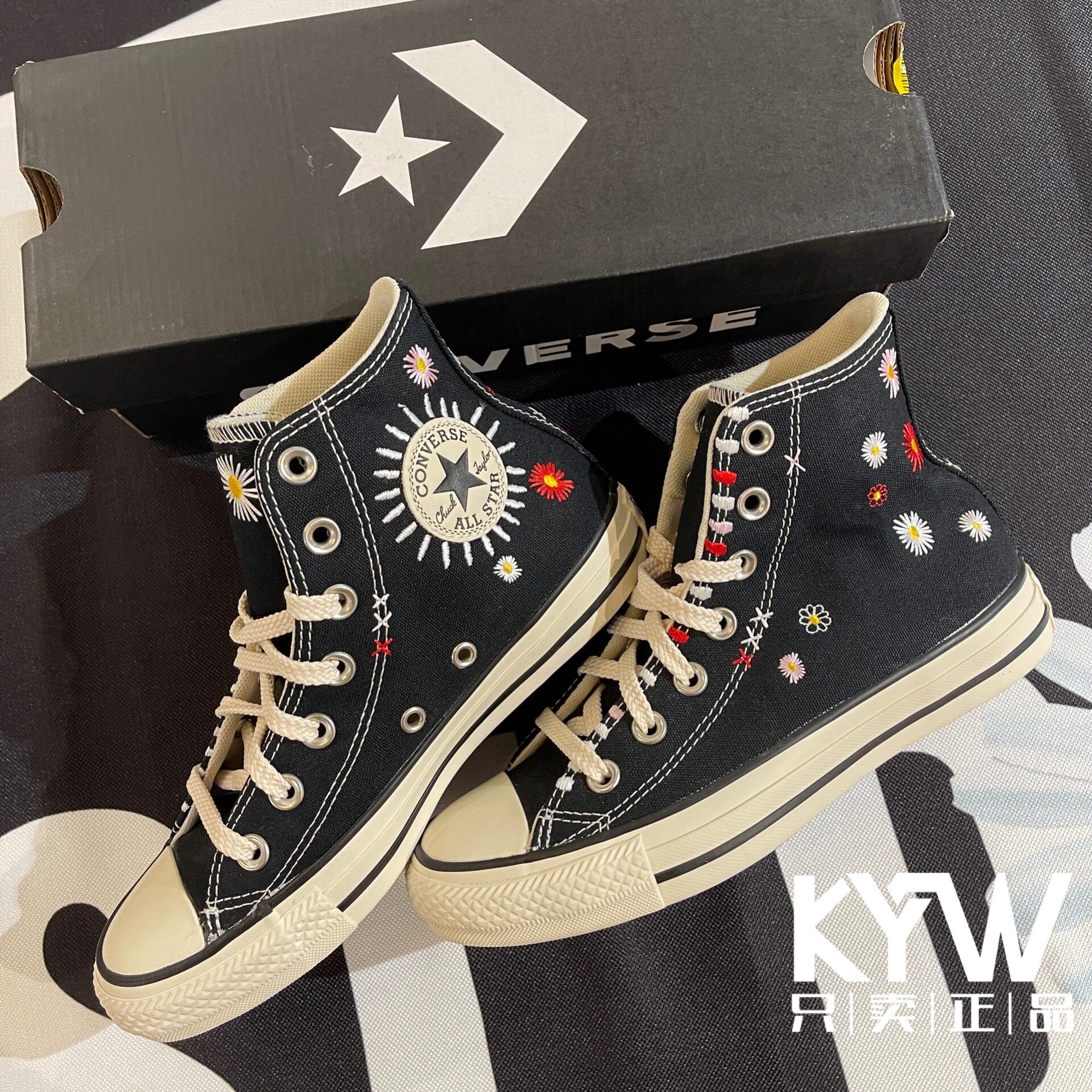 converse匡威 all star刺绣花朵雏菊权志龙透气高帮帆布鞋567993c