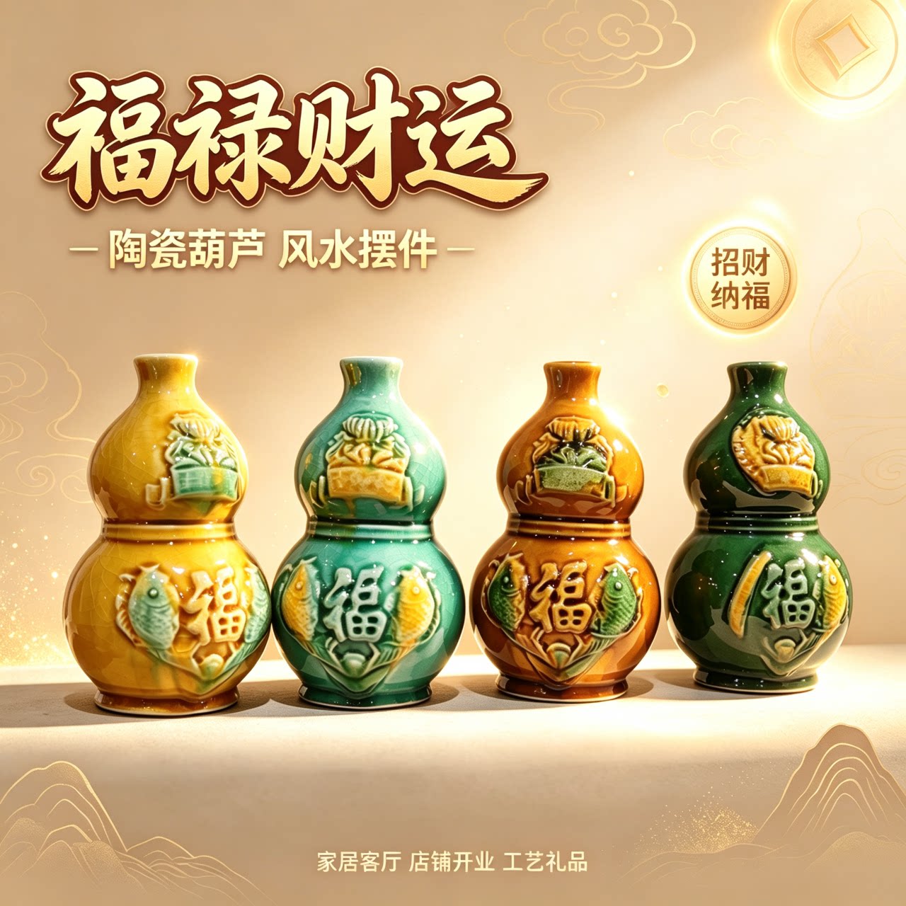 洛阳聚宝葫芦陶瓷葫芦花瓶摆件家居工位解压创意文创葫芦陶瓷花瓶