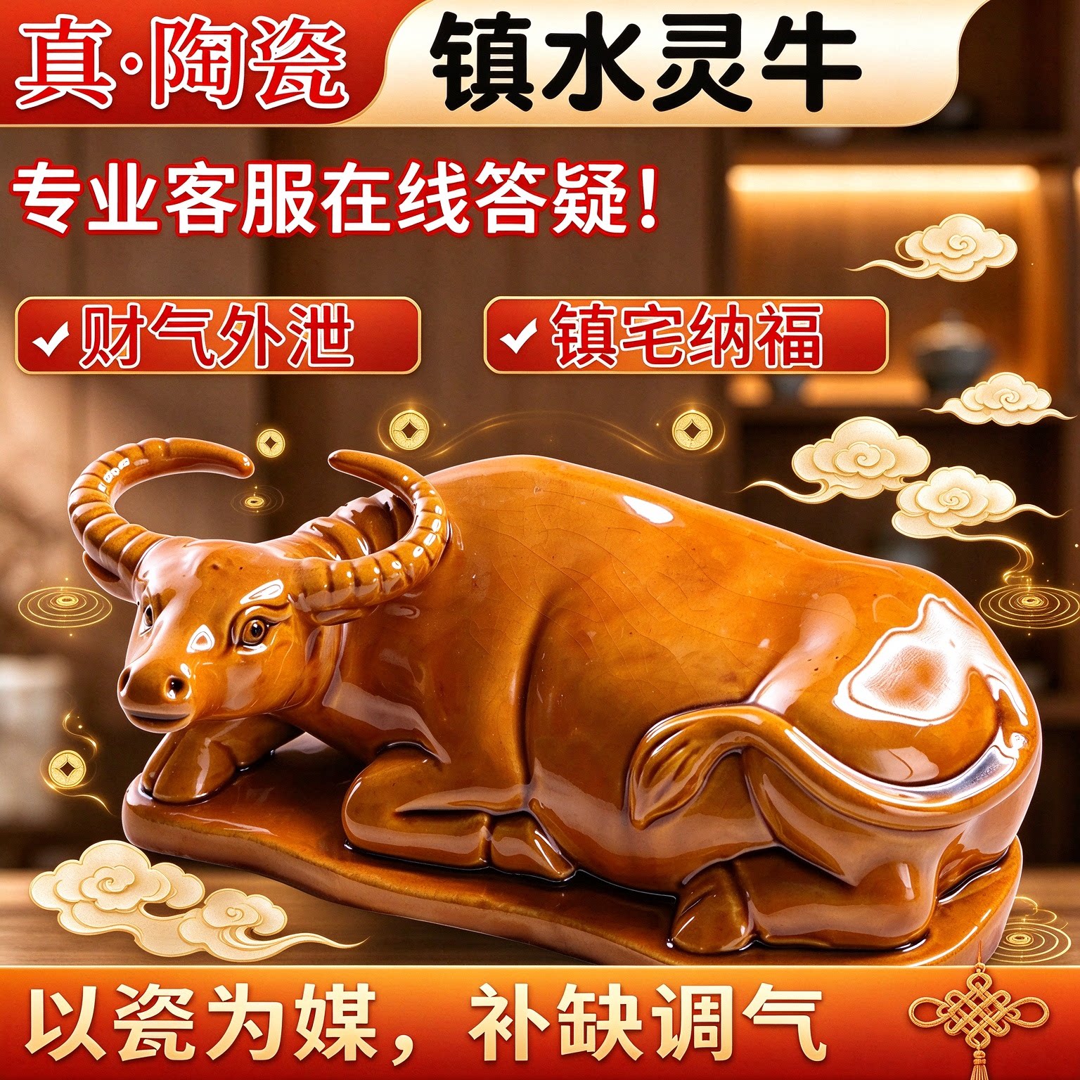 陶瓷卧牛风水牛摆件瓷牛摆件家居博古架摆件茶台客厅生肖牛礼品