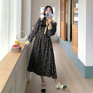 法式复古碎花连衣裙女2025春秋季新款韩系赫本风收腰显瘦茶歇长裙图片
