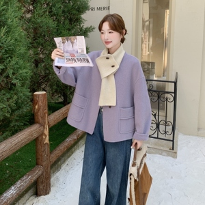 温柔风紫色短款双面呢羊毛外套女冬新款韩版毛呢大衣小个子高级感图片
