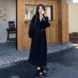 高级感黑色连衣裙女2025新款西装领收腰显瘦气质假两件百褶裙长款，女装连衣裙，2B148