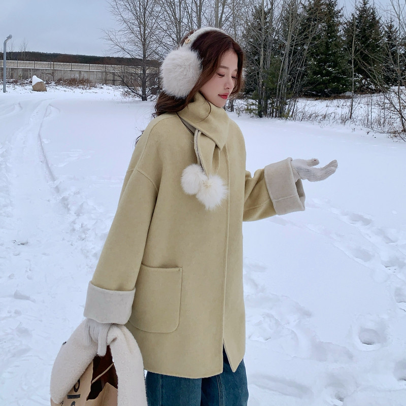 双面呢子大衣送毛球围巾2B148-9961P285K428,女装毛呢外套,2B148