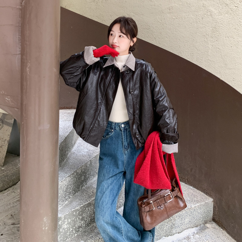 棕色假两件拼接PU皮羽绒服女2025年冬季新款小个子保暖白鸭绒外套,女装羽绒服,2B148