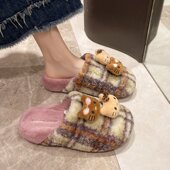 多巴胺可爱凯蒂猫格子棉拖鞋 女冬季 毛毛拖踩屎感舒适一脚蹬包头拖