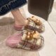 多巴胺可爱凯蒂猫格子棉拖鞋 女冬季 毛毛拖踩屎感舒适一脚蹬包头拖