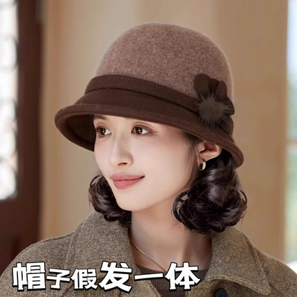 帽子假发一体秋冬新款渔夫帽短卷发时尚保暖渔夫帽妈妈帽假发帽子