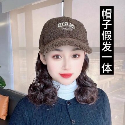 帽子假发一体女秋冬新款羊羔绒棒球帽时尚百搭保暖鸭舌帽假发帽子