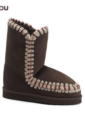mou秋冬美拉德穿搭爱斯基摩24彩色钩边款羊皮毛一体中筒雪地靴