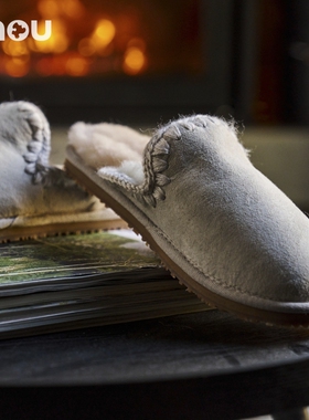 mou秋冬 女士羊皮毛一体手工钩编装饰包头平底居家毛毛拖鞋