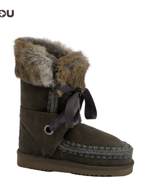mou爱斯基摩24女士兔毛装饰羊皮毛一体圆头平跟中筒雪地靴冬靴