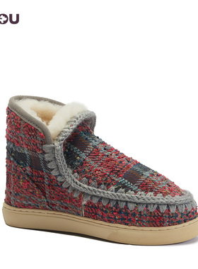 mou秋冬爱斯基摩迷你休闲羊皮毛一体格纹花呢雪地靴短靴