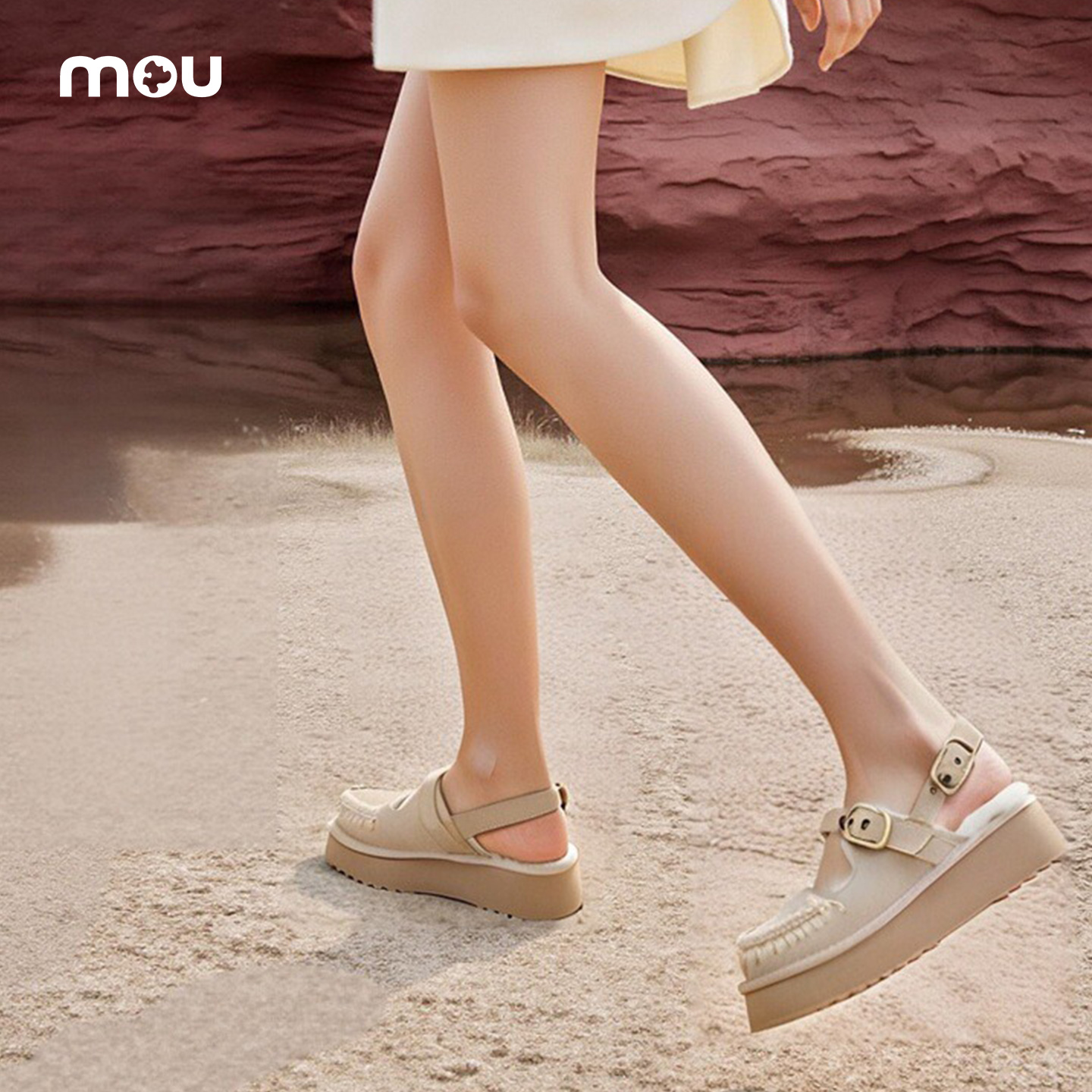 mou2025秋冬新款女士羊毛镂空扣带厚底玛丽珍休闲鞋便鞋