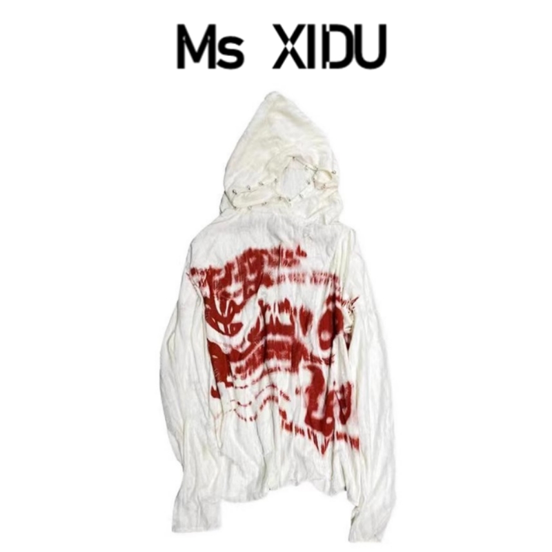 Ms XIDU (爱与牺牲)血书帽衫摇滚朋克文字印花珍珠扣连帽卫衣薄秋