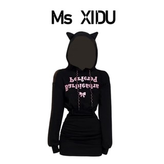 Ms XIDU 猫耳朵卫衣连衣裙连帽女秋冬时尚收腰抽绳甜辣风包臀短裙