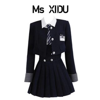 Ms XIDU 短款西装外套jk制服美式学院风女春秋高腰显瘦百褶裙套装