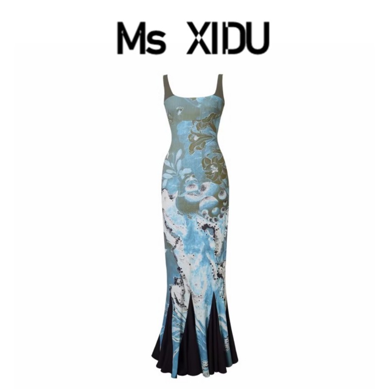 Ms XIDU 2024年新款品味新中式印花拼接可调节吊带鱼尾连衣裙女夏