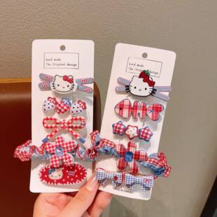 个性 创意小清新Kitty猫鸭嘴夹边夹卡通可爱少女心格纹凯蒂猫发夹