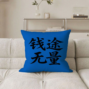 篮底黑字钱途无量抱枕含芯桃皮绒文字靠背客厅ins风双面印花励志