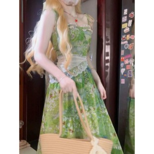 绿色碎花连衣裙女夏季 茶歇法式 海边度假风裙子设计感在逃公主长裙