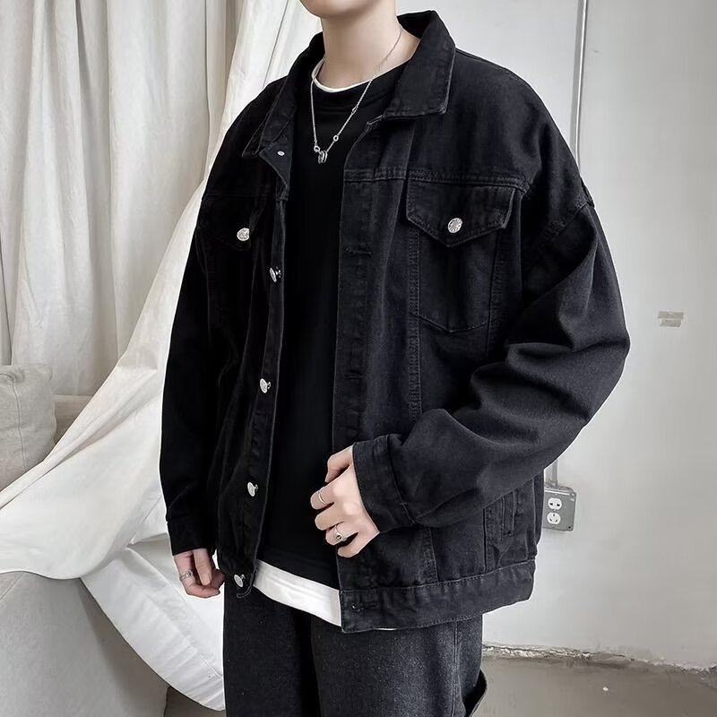 美式春秋款牛仔外套男春秋季高街潮牌夹克宽松春装上衣帅气黑色无