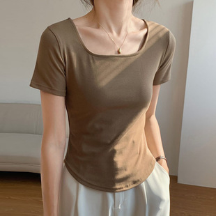 高级感全棉T恤女夏短袖 显瘦方领打底上衣 2025新款 不规则弧形修身