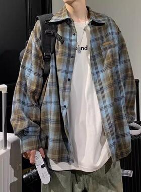 美式复古撞色格子长袖衬衫男2025春秋季新款潮牌百搭宽松衬衣