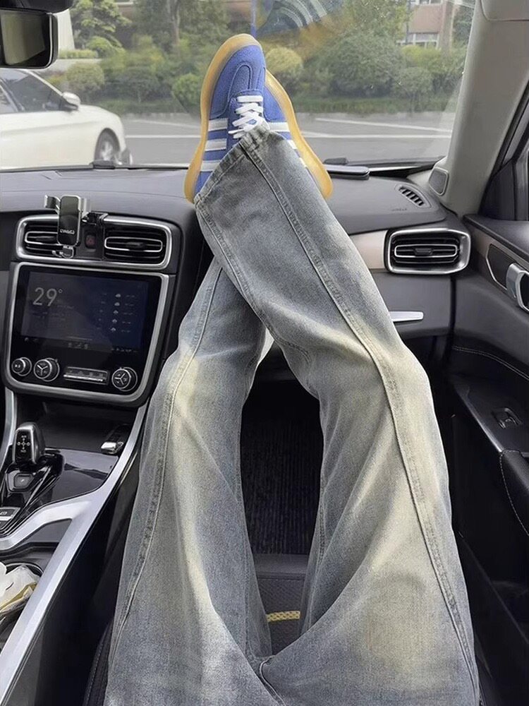 美式复古水洗做旧浅蓝色牛仔裤男款春夏季拼接直筒微喇叭长裤子