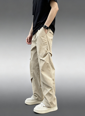 美式复古褶皱伞兵裤男夏季薄款斜切冰丝裤子cleanfit微喇休闲裤