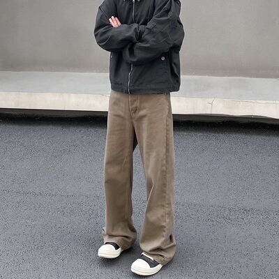 美式复古水洗做旧德棕色牛仔裤男款秋冬季宽松直筒微喇叭长裤子