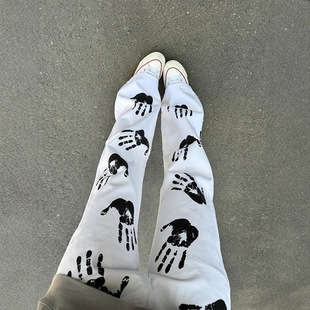 美式高街手掌印花白色牛仔裤男款潮牌痞帅炸街裤子窄版直筒微喇裤