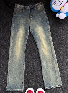 美式牛仔裤复古蓝弯刀牛仔裤男款秋冬季微喇裤子直筒微喇裤