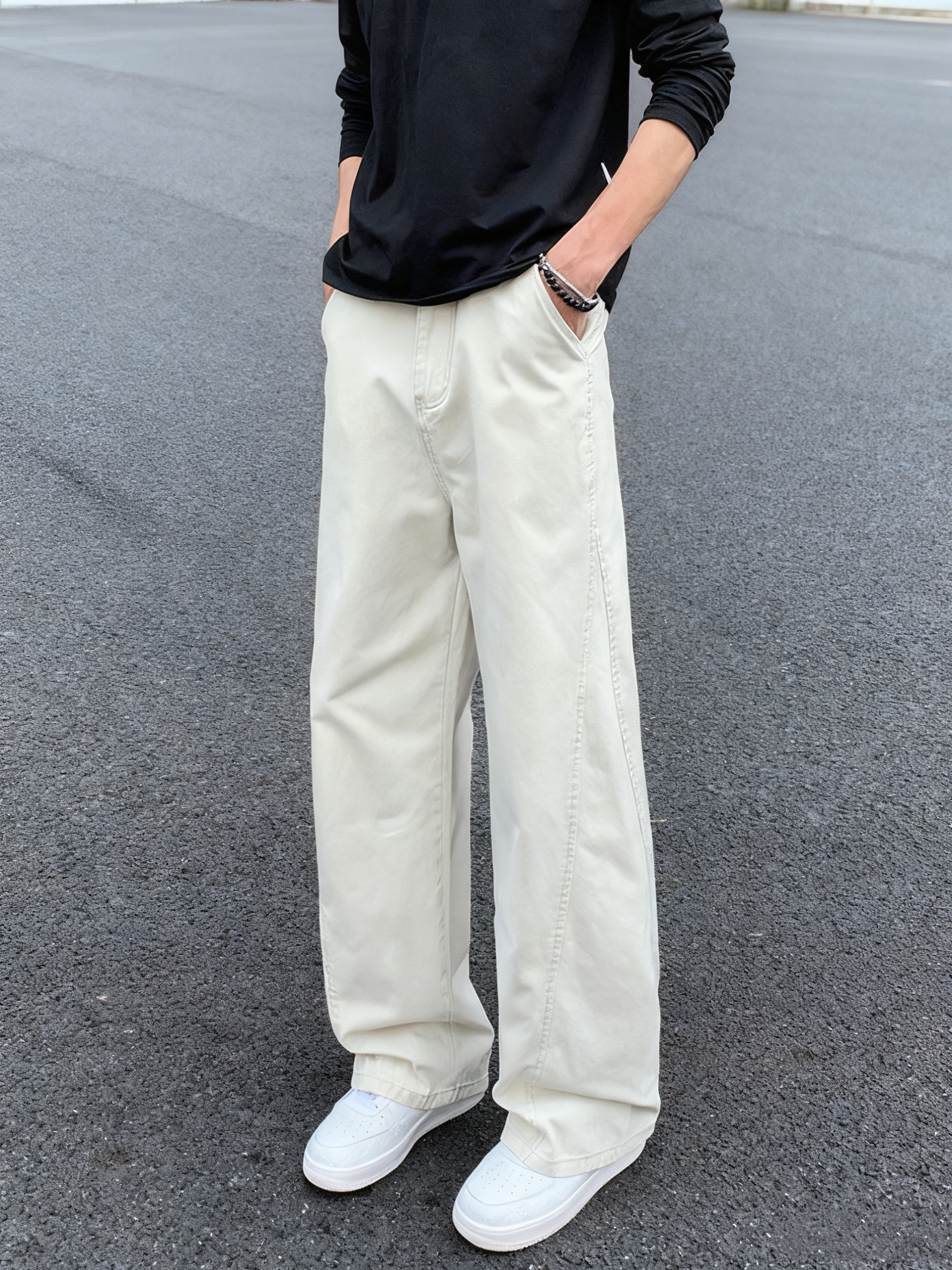 美式牛仔高街白色休闲裤男女春夏宽松阔腿直筒长裤子拼接微喇裤