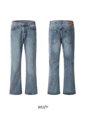 美式复古浅蓝水洗做旧风格微喇cleanfit牛仔裤男修身显瘦直筒长裤