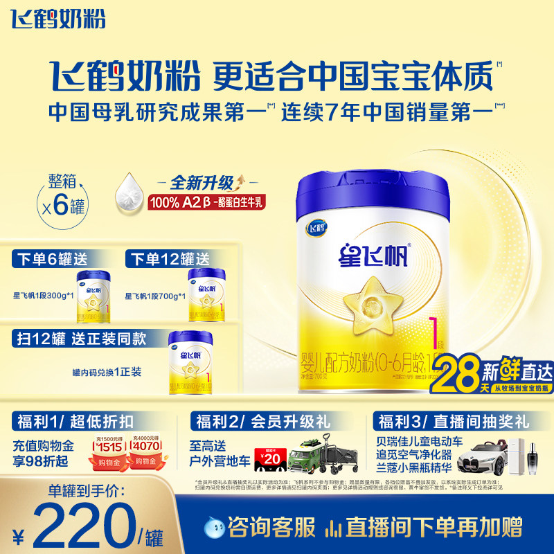 [A2奶源]飞鹤星飞帆1段0-6个月婴儿配方奶粉700g*6罐5HMOs专利OPO